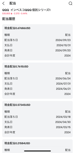 moomoo証券のアプリで見れるqqqの分配金（配当金）